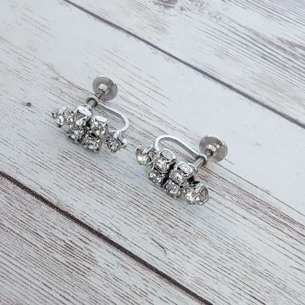 Vintage Screw Back Earrings Stylish Clear Gems
